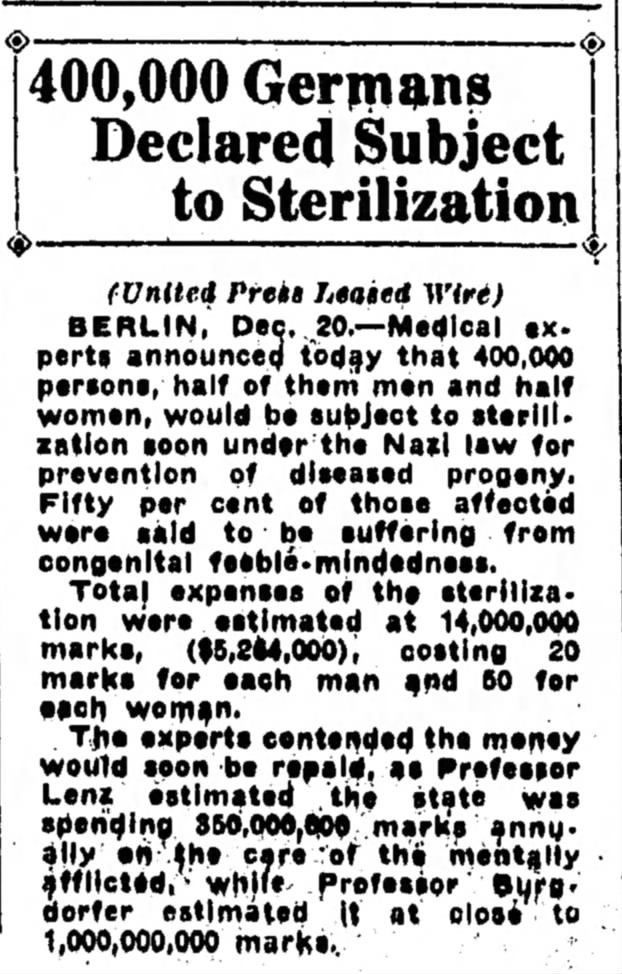 400,000 Germans Declared Subject to Sterilization