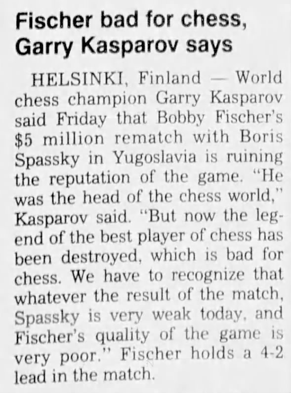 Fischer bad for chess, Garry Kasparov says