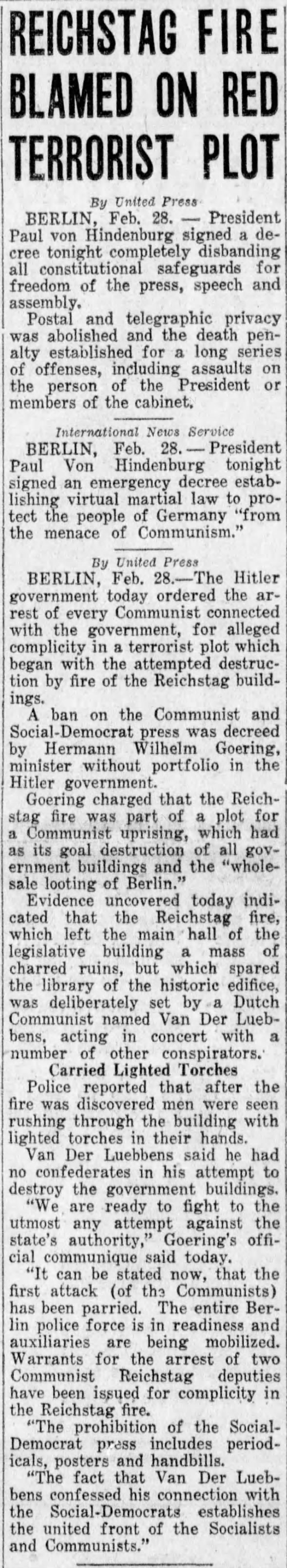Reichstag Fire Blamed On Red Terrorist Plot