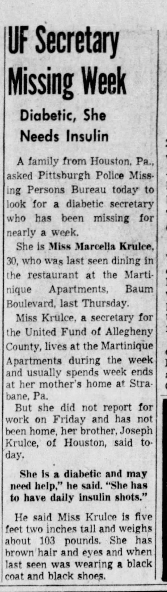 Marcella Krulce disappearance 1959