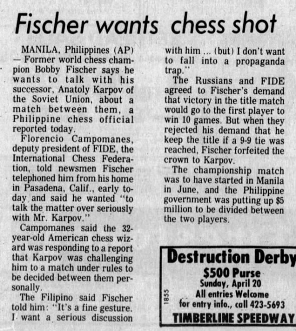 Fischer Wants Chess Shot