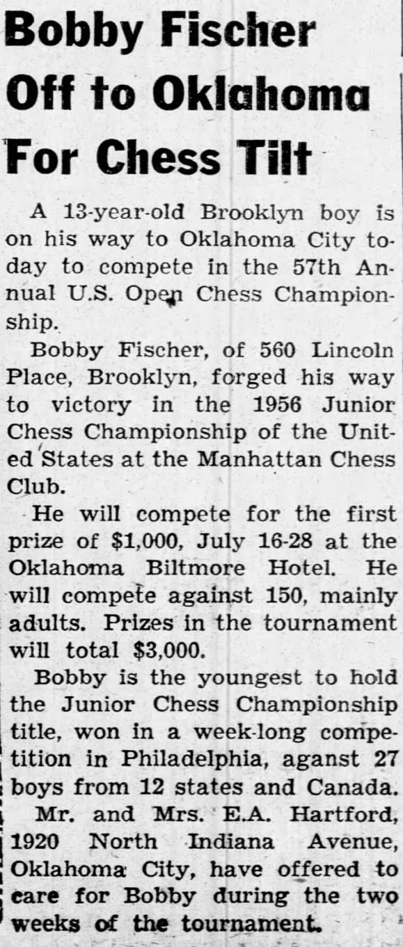 Bobby Fischer Off to Oklahoma For Chess Tilt