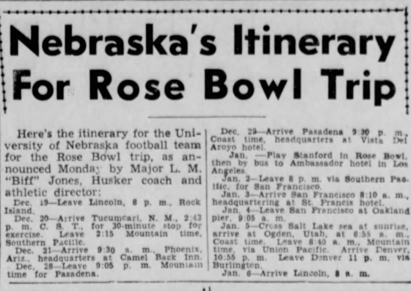 1940 Nebraska Rose Bowl itinerary