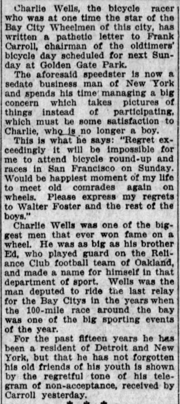 Charlie Wells, the bicycle racer who was at one time the star of the Bay City Wheelmen