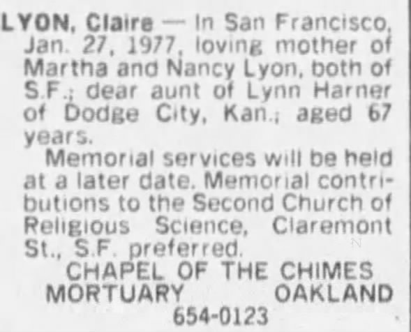 Obituary for Claire LYON (Aged 77)