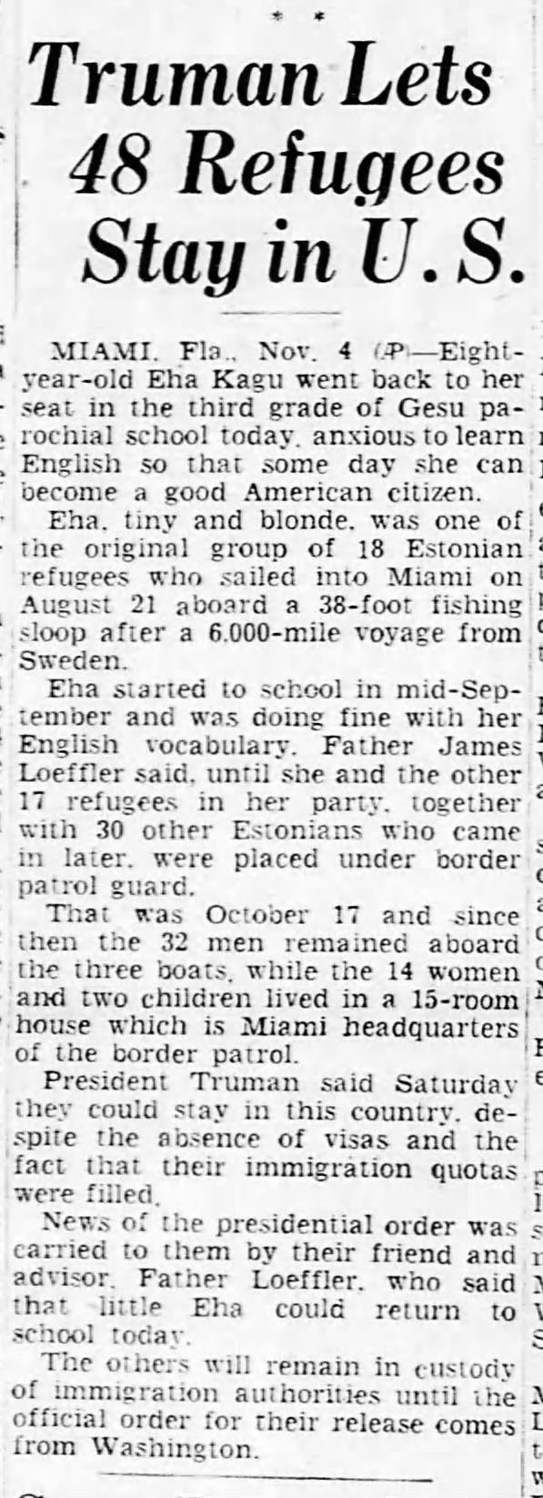Truman Lets 48 Refugees Stay in US