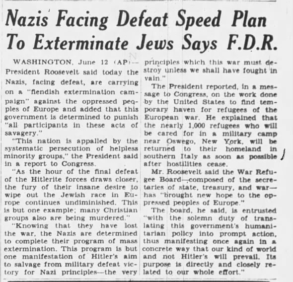 Nazis Facing Defeat Speed Plan To Exterminate Jews Says F. D. R.