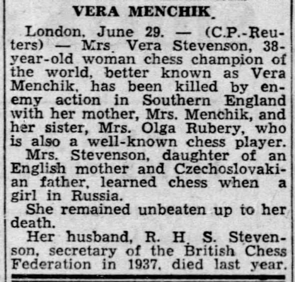 Vera Menchik death announcement, 1944