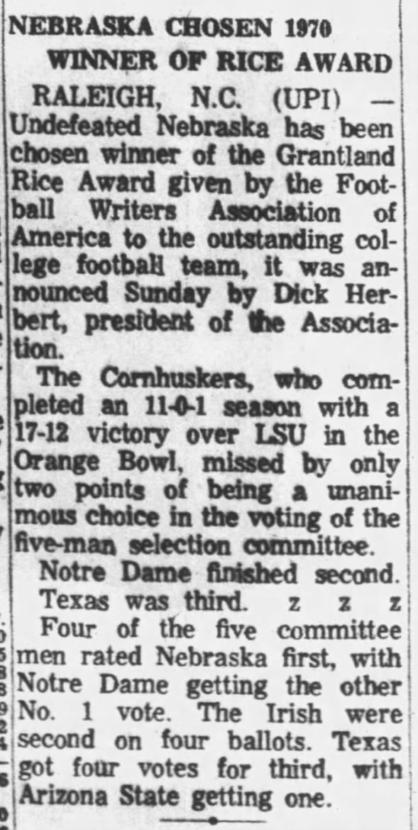 1970 Grantland Rice Award goes to Nebraska