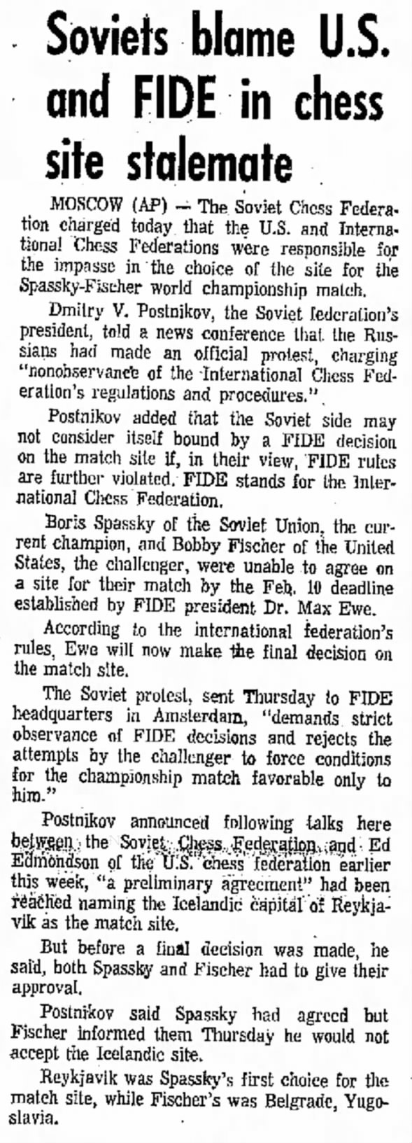 Soviets Blame U.S. and FIDE in Chess Site Stalemate