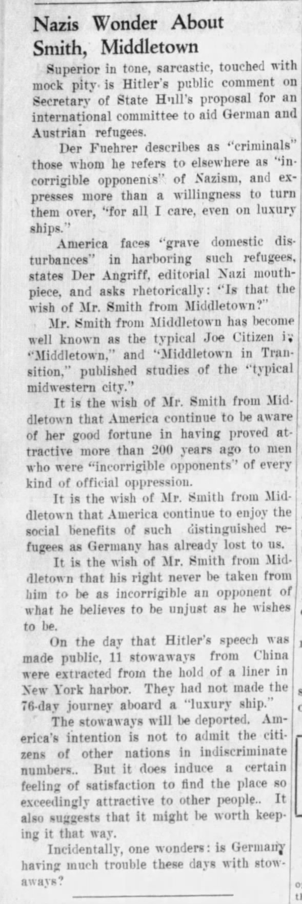 Nazis Wonder About Smith, Middletown