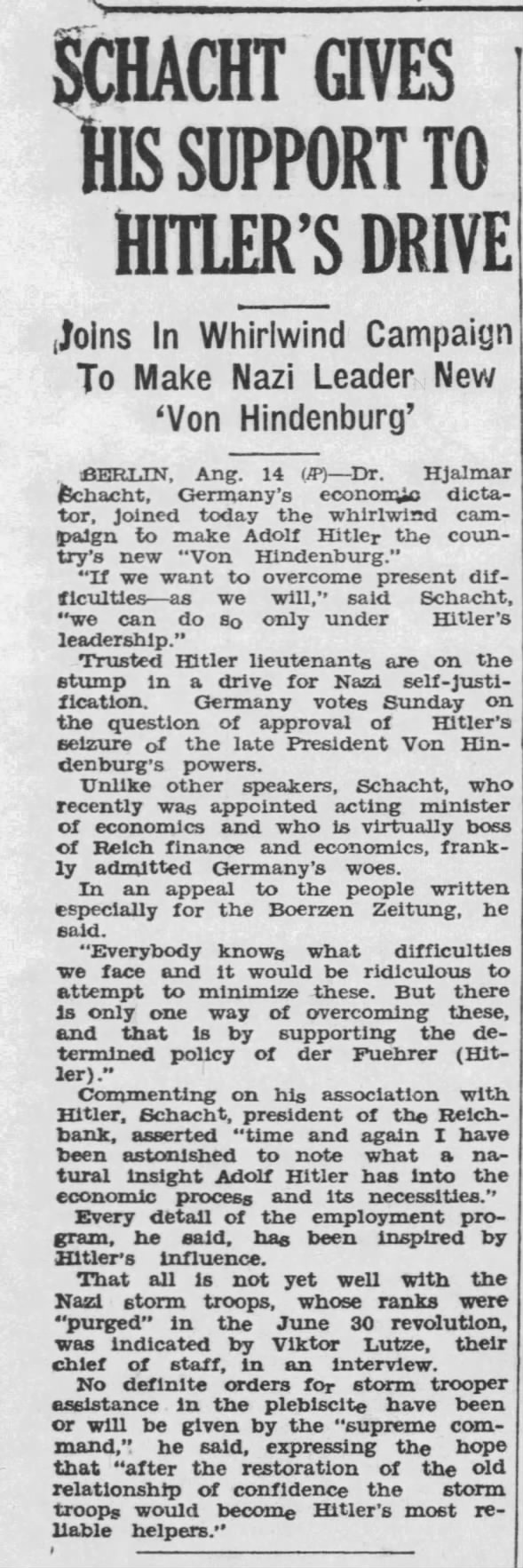Schacht Gives His Support To Hitler's Drive