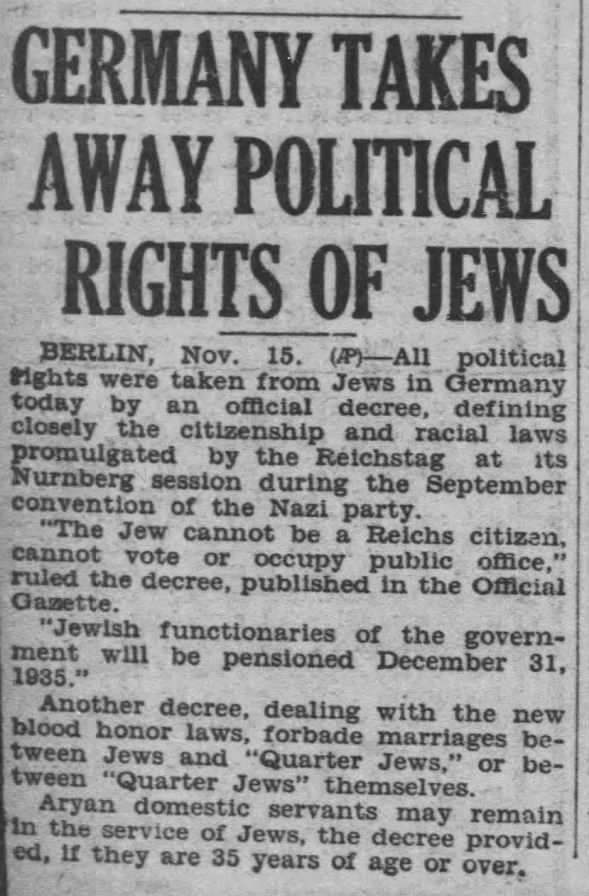 Germany Takes Away Political Rights Of Jews