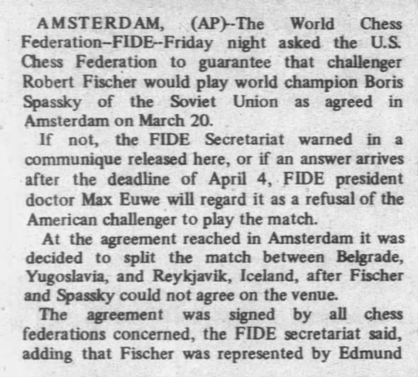 FIDE Delivers Ultimatum To Fischer