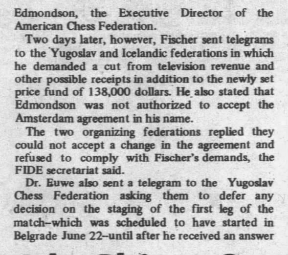 FIDE Delivers Ultimatum To Fischer