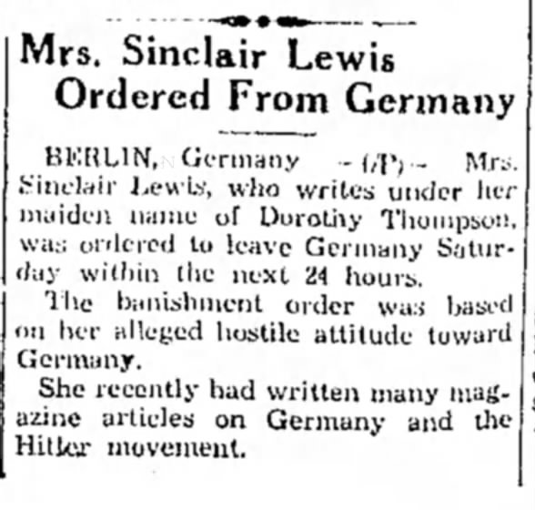 Mrs. Sinclair Lewis Ordered From Germany