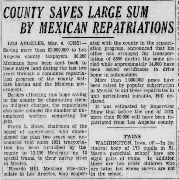 County Saves Large Sum By Mexican Repatriations
