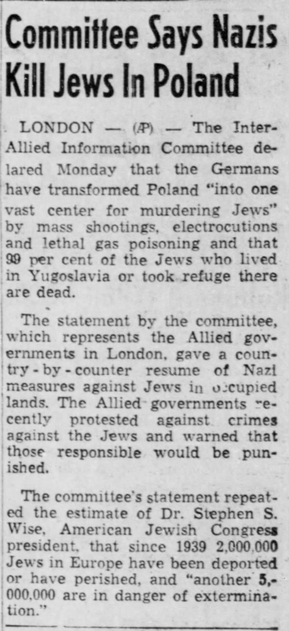 Committee Says Nazis Kill Jews In Poland