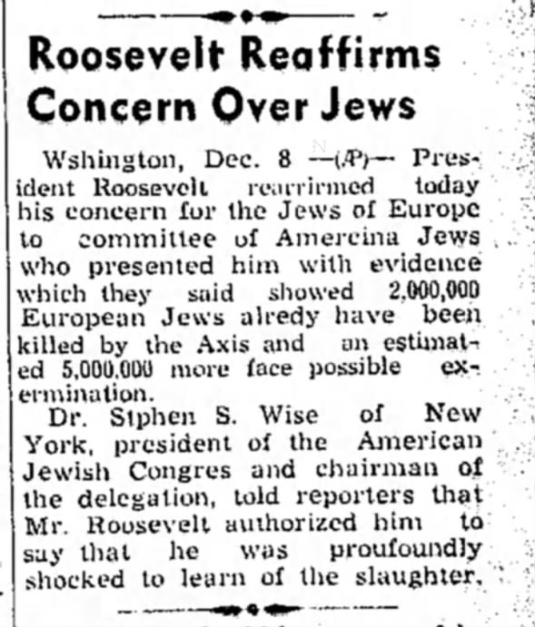 Roosevelt Reaffirms Concern Over Jews