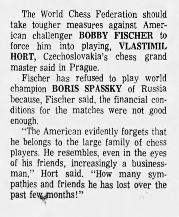 RUMOR MILL: Vlastimil Hort “Force Bobby Fischer to Play” Tho Week Earlier Fischer Confirmed He Would