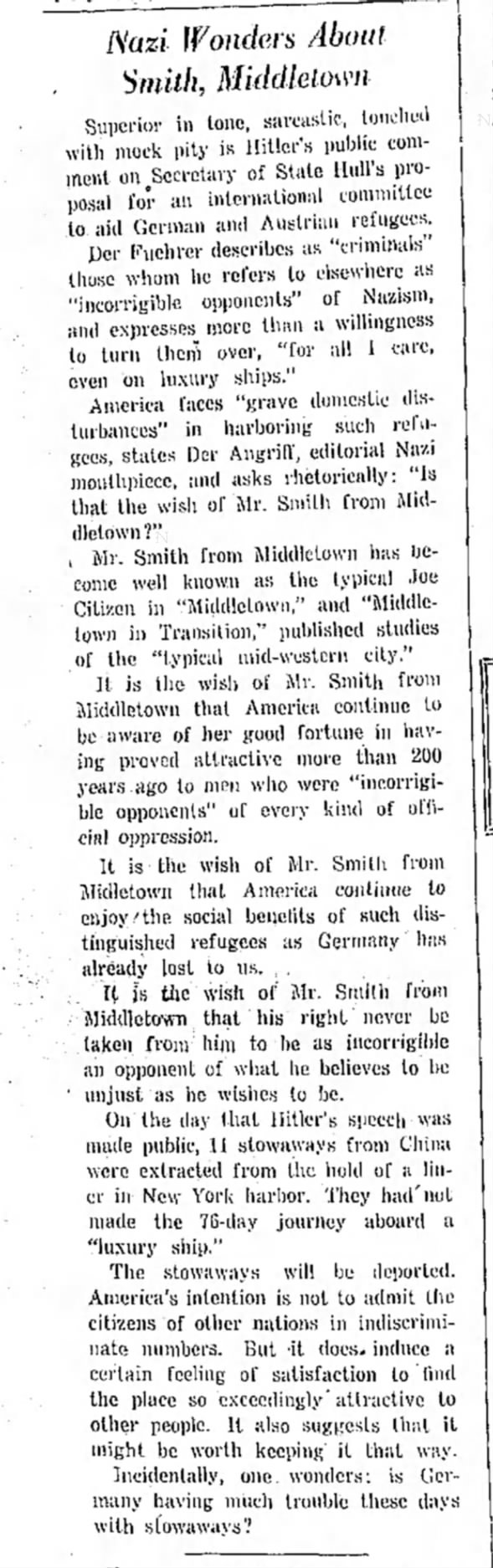 Nazi Wonders About Smith, Middletown