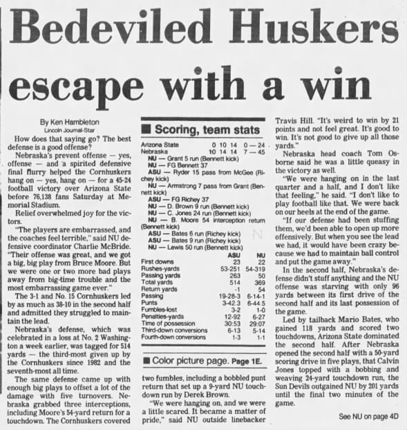 1992 Nebraska-Arizona State football LJS1