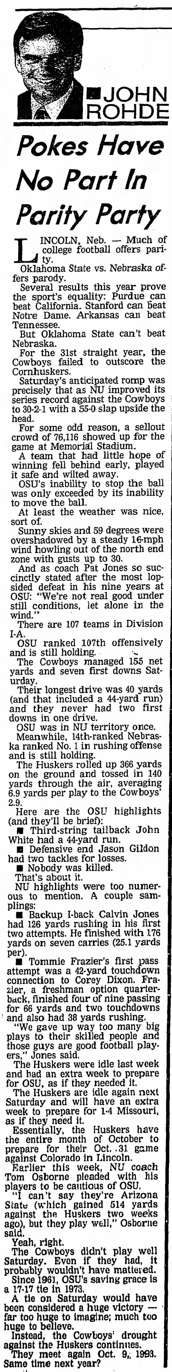 1992 Nebraska-Oklahoma State football, OKC column John Rohde