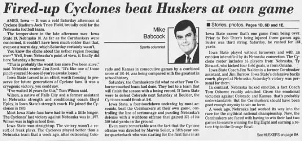 1992 Nebraska-Iowa State football, Babcock column