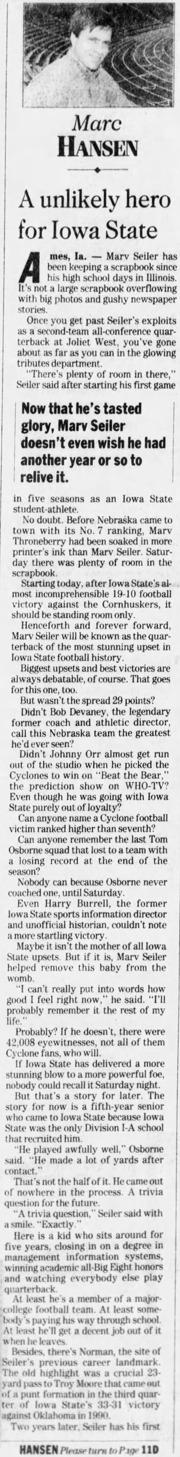 1992 Nebraska-Iowa football, Marc Hansen column 1