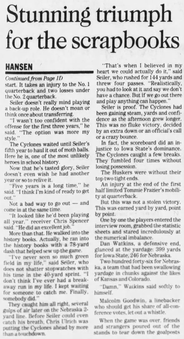 1992 Nebraska-Iowa State football, Marc Hansen column 2
