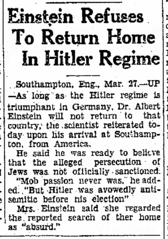 Einstein Refuses To Return Home In Hitler Regime
