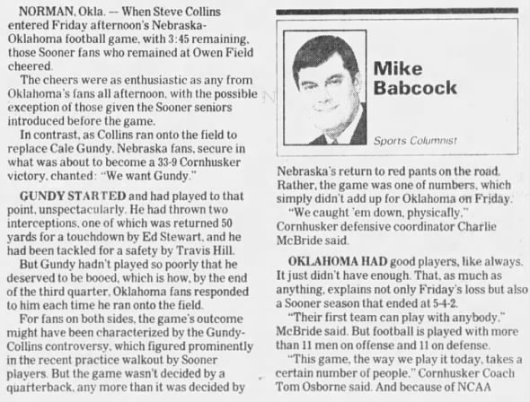 1992 Nebraska-Oklahoma football, Babcock 1