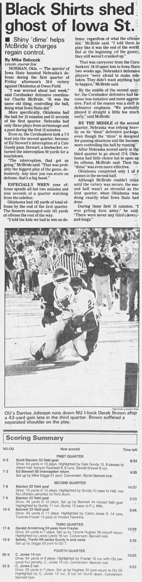 1992 Nebraska-Oklahoma football, defense