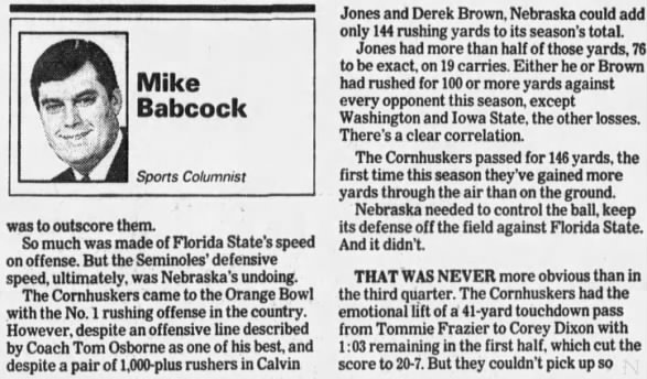 1993 Orange Bowl, Mike Babcock 2