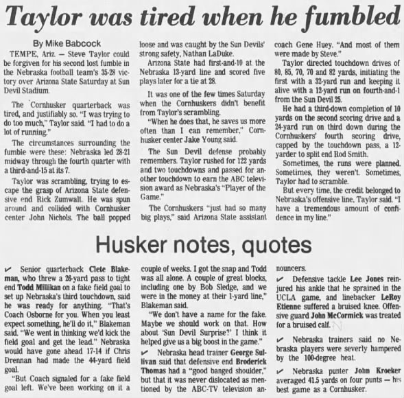 1987 Nebraska-Arizona State football, Taylor and notes