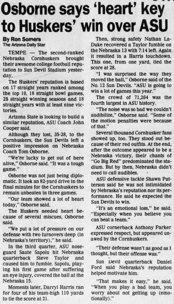 1987 Nebraska-Arizona State football, Ariz. Daily Star