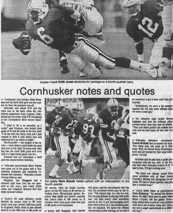 1987 Nebraska-South Carolina football, NU notes