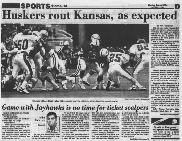 1987 Nebraska-Kansas football, LJS1