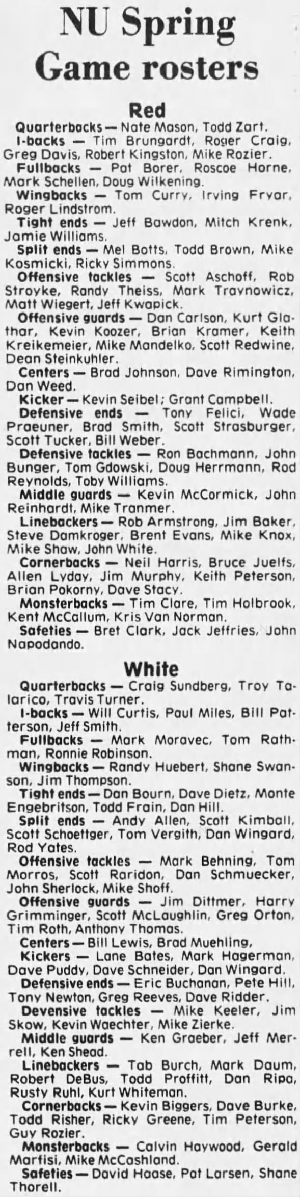 1982 Nebraska spring game Red-White rosters