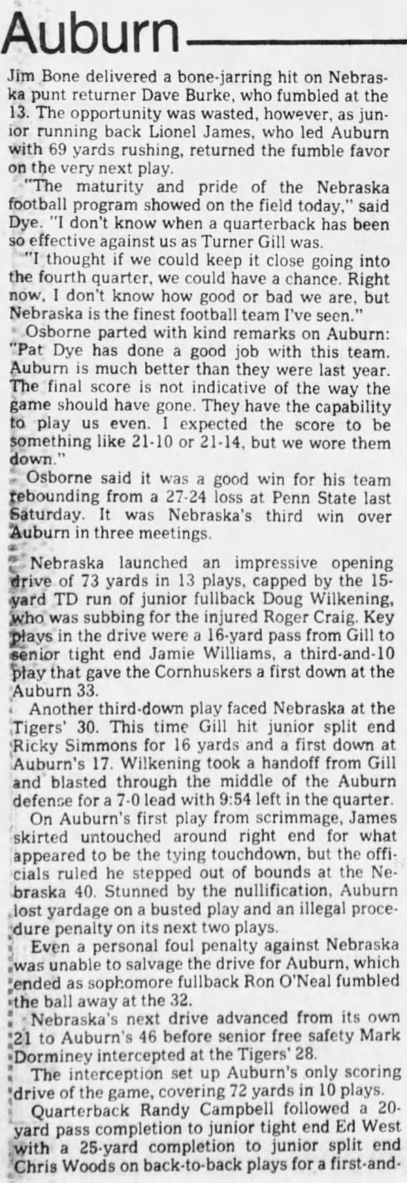 1982 Nebraska-Auburn football, Pensacola 2