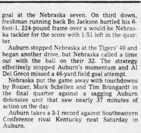 1982 Nebraska-Auburn football, Pensacola 3