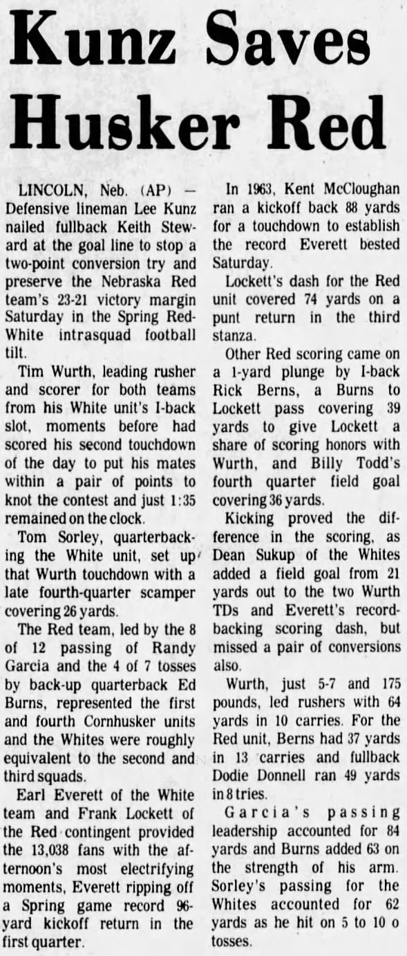 1977 Nebraska football spring game, AP story