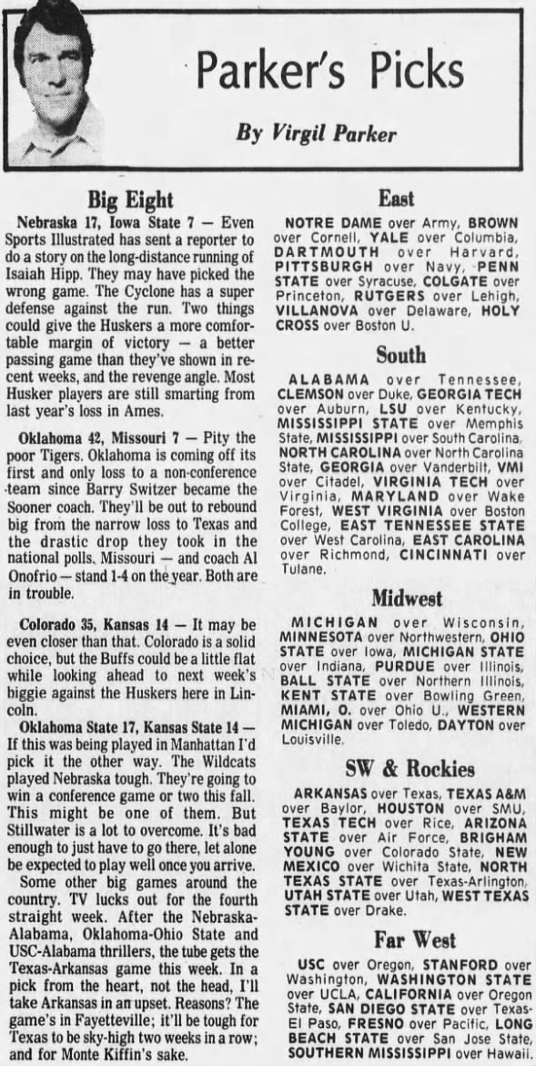 1977 Nebraska-Iowa State football, Virgil Parker prediction