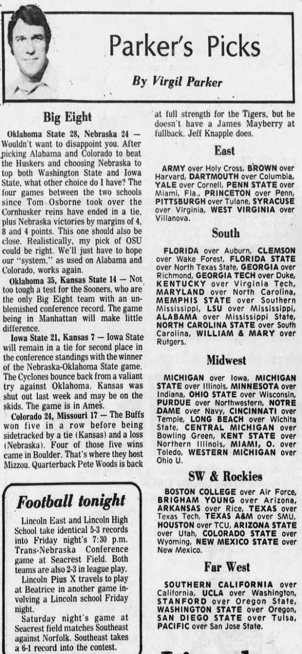 1977 Nebraska-Oklahoma State football, Virgil Parker prediction