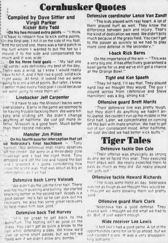 1977 Nebraska-Missouri football postgame quotes