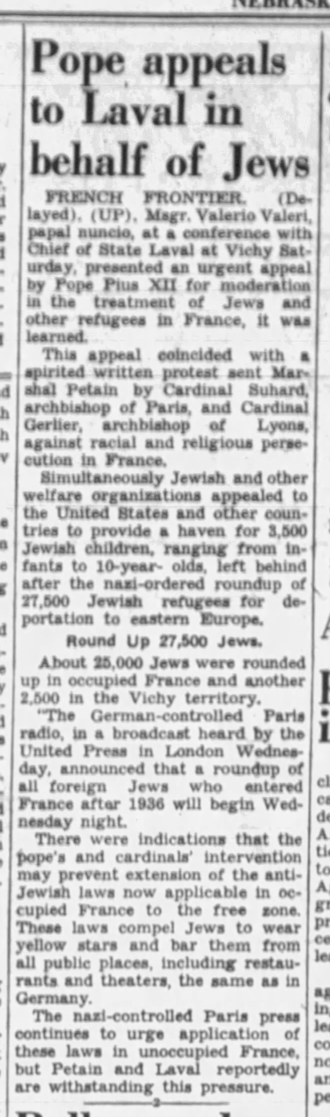 Pope appeals to Laval in behalf of Jews
