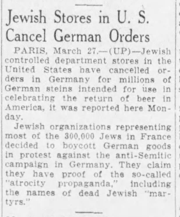 Jewish Stores in U.S. Cancel German Orders