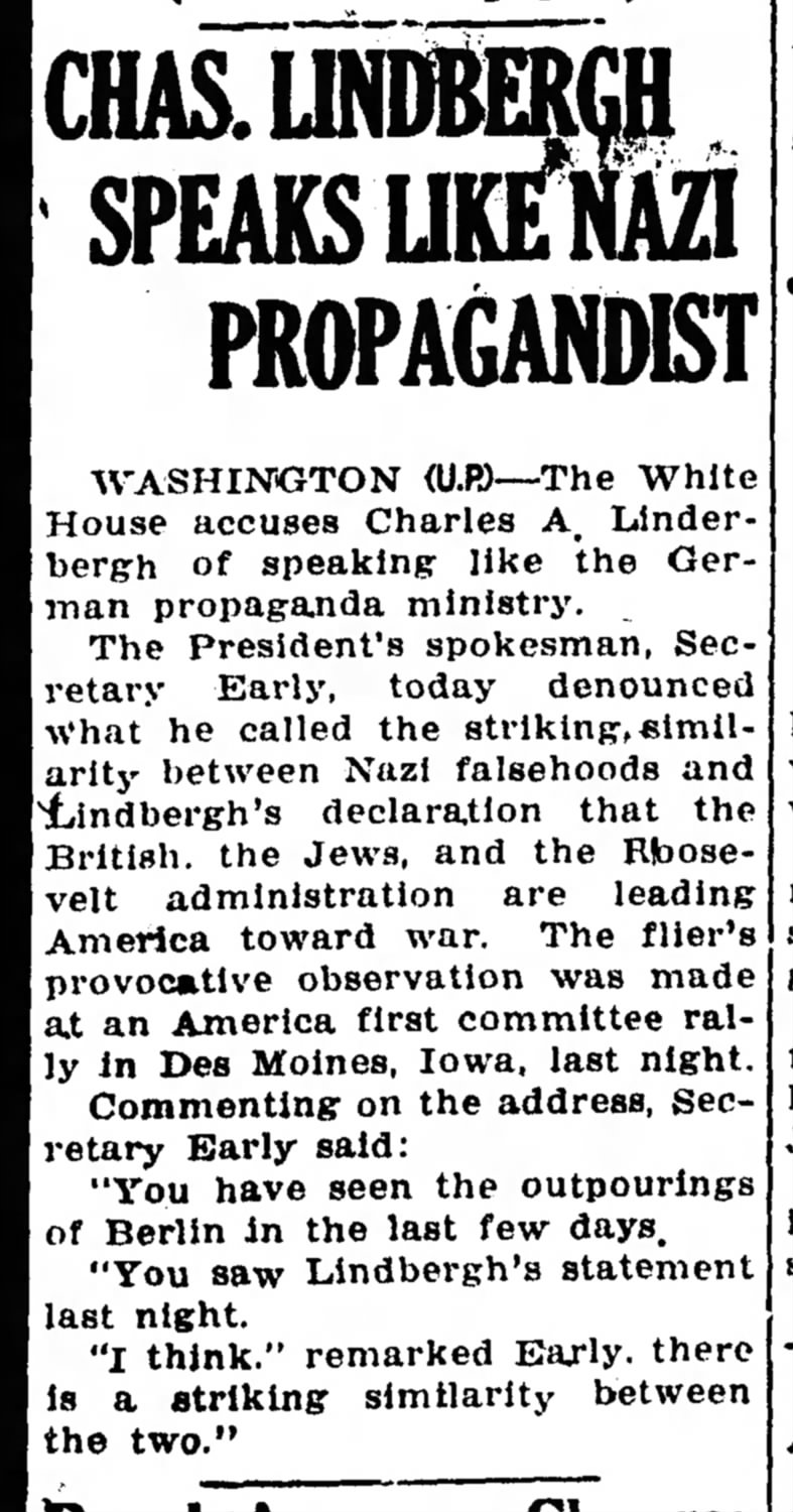 Chas. Lindbergh Speaks Like Nazi Propagandist