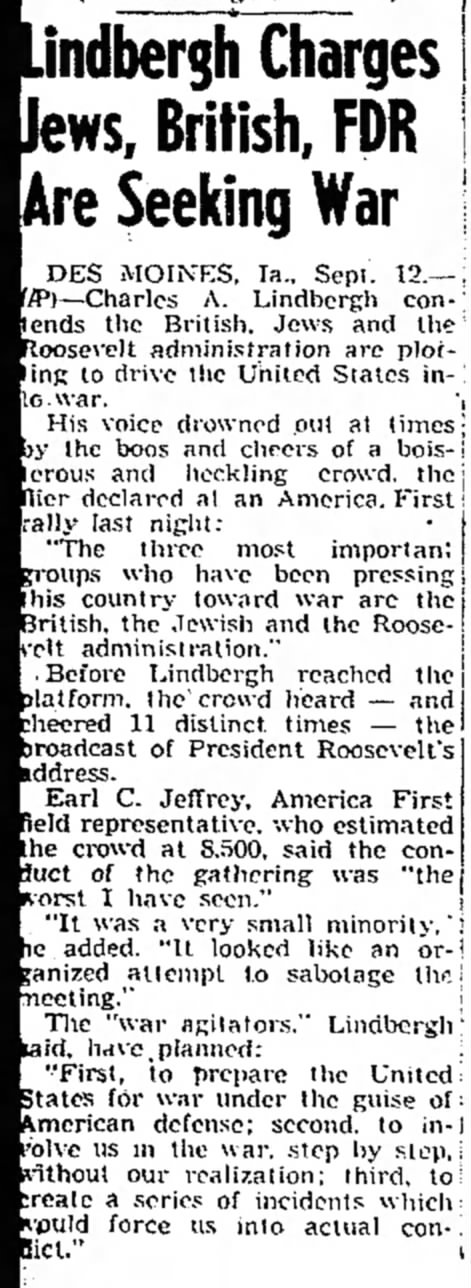 Lindbergh Charges Jews, British, FDR Are Seeking War