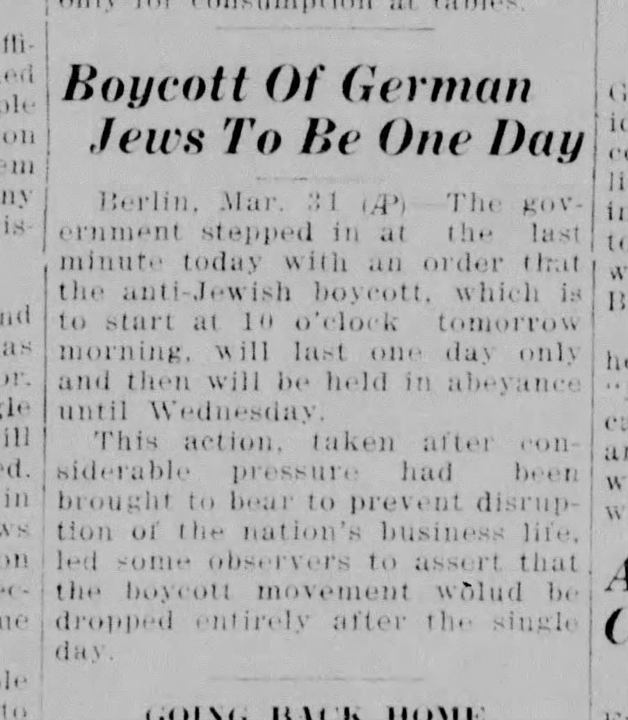 Boycott of German Jews to be one day